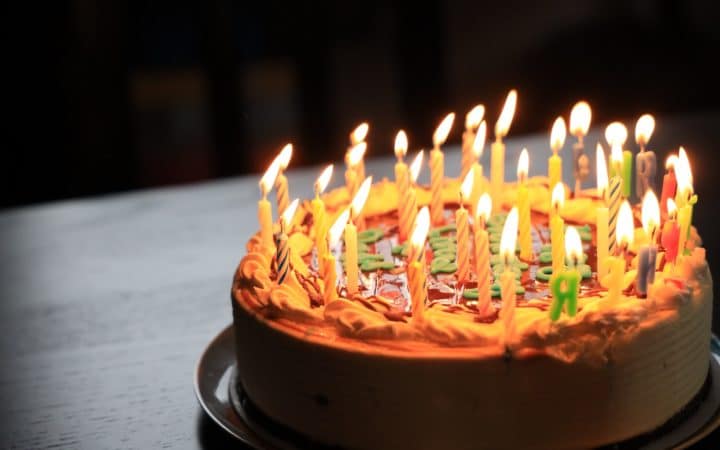 lighted candles on brown cake